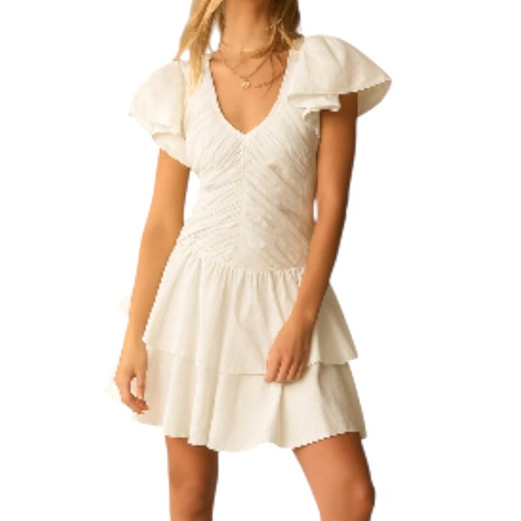 LOVE THE LABEL Ruffled Tiered Mini Dress Sz‎ Medium White V Neck Cotton Regency - Picture 2 of 7